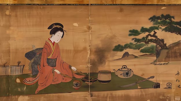 An ancient mural depicting a tea ceremony