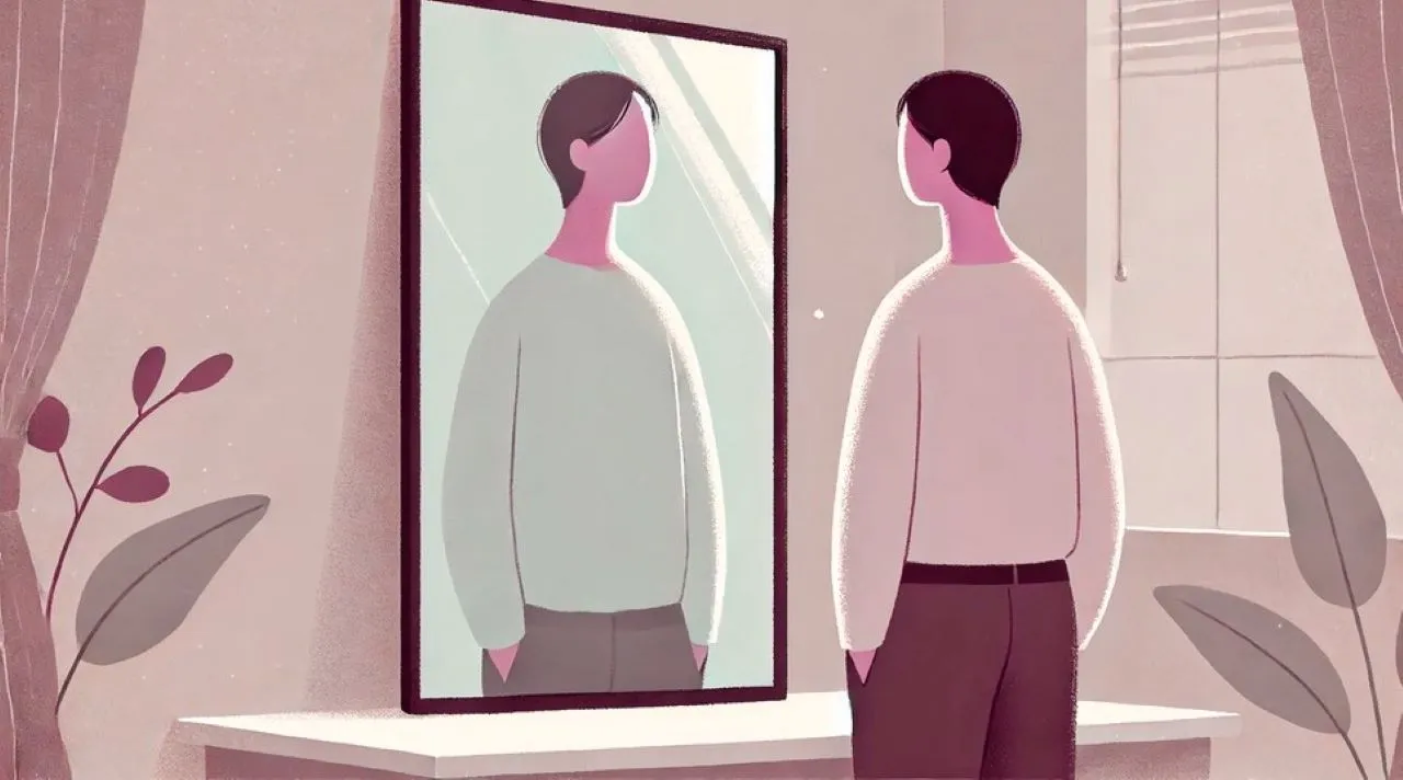 man looks at mirror